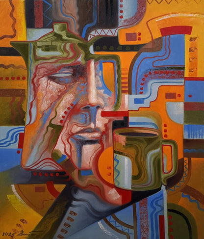Oil painting Green mug in the morning by Sergiy Voichenko, abstract face