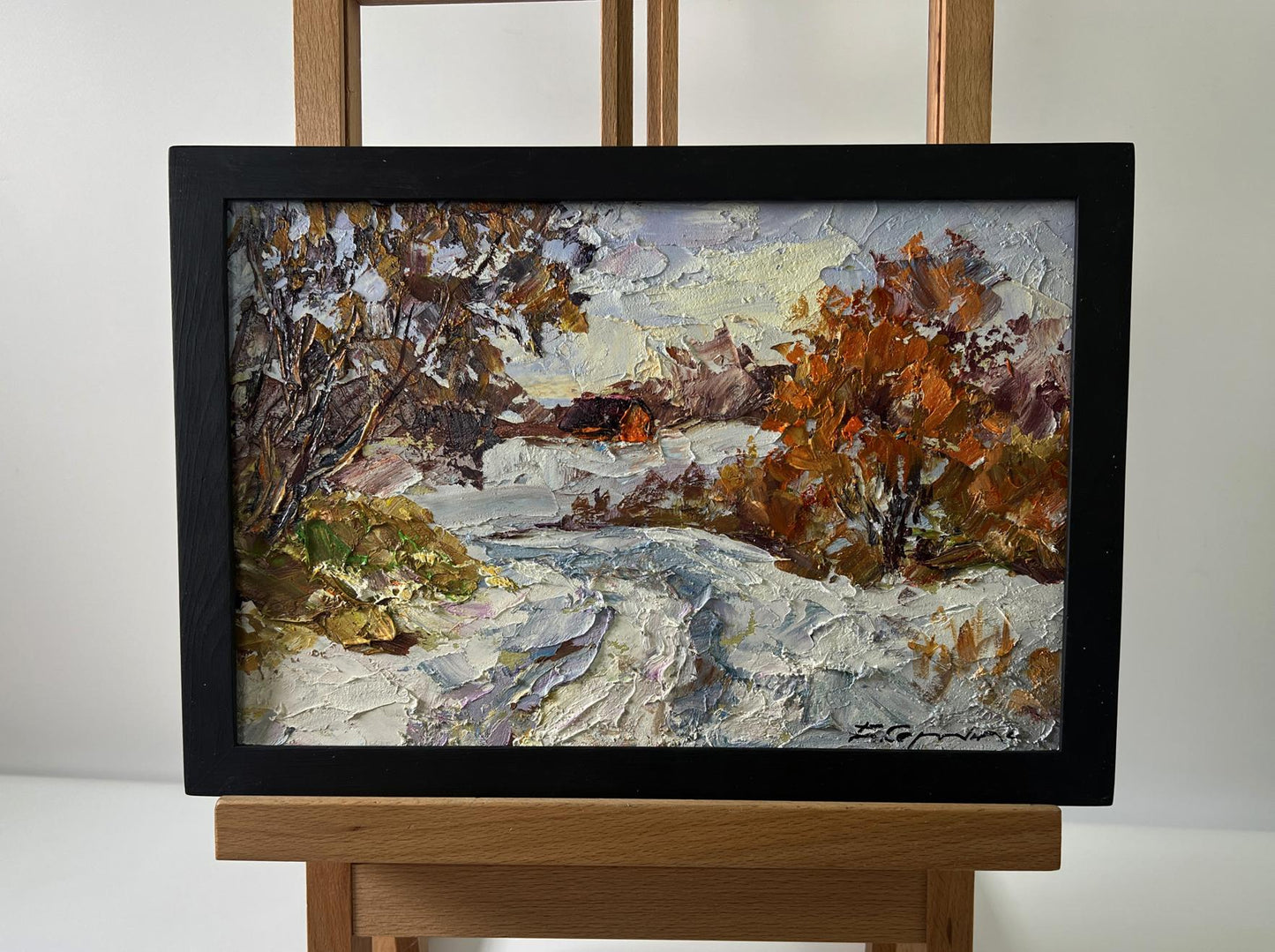 Oil painting Snowy road in forest by Boris Serdyuk, textured snowy landscape
