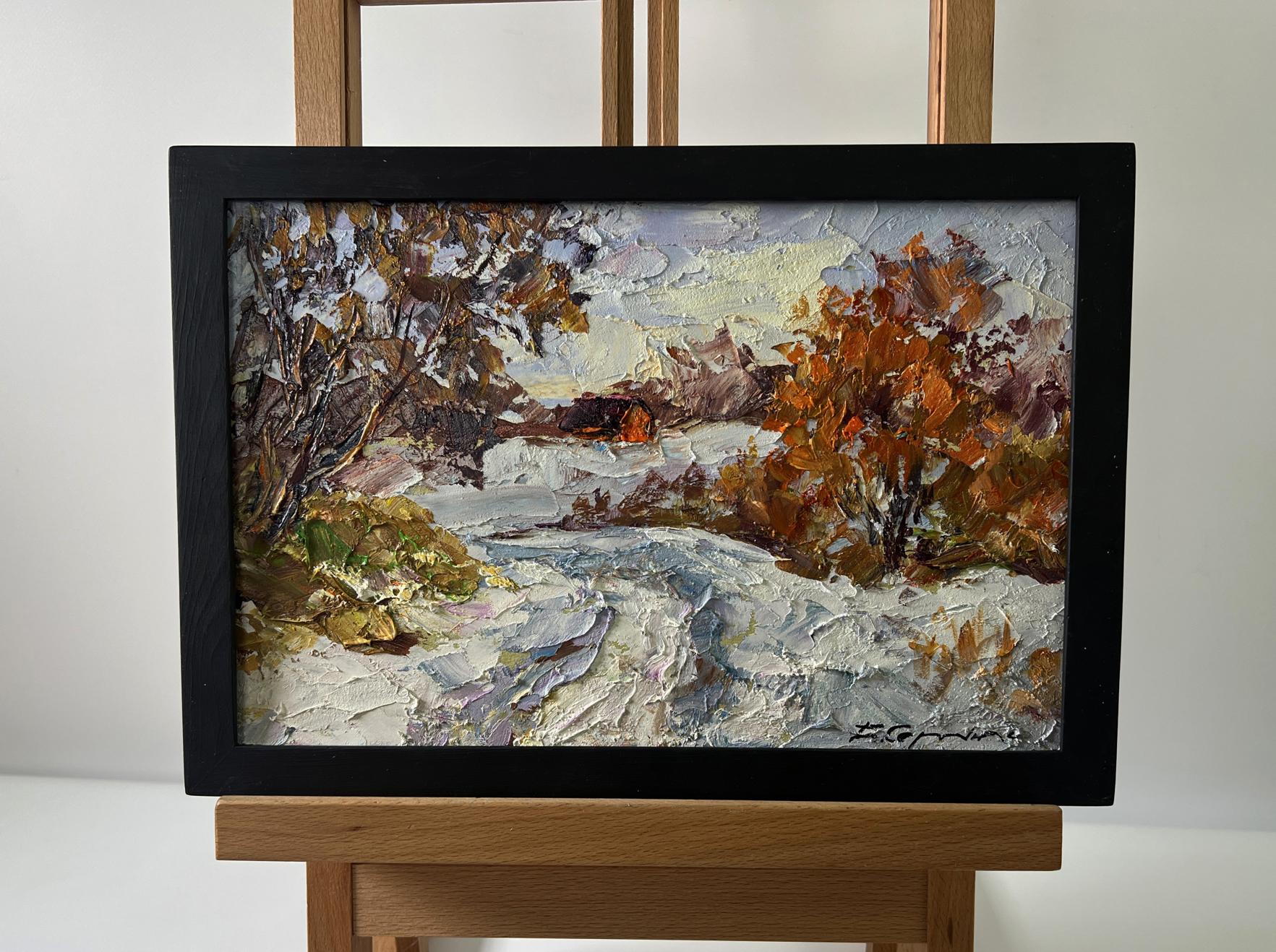 Oil painting Snowy road in forest by Boris Serdyuk, textured snowy landscape