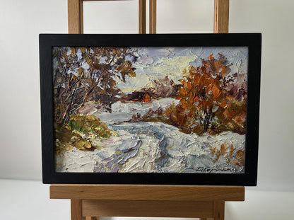Oil painting Snowy road in forest by Boris Serdyuk, textured snowy landscape