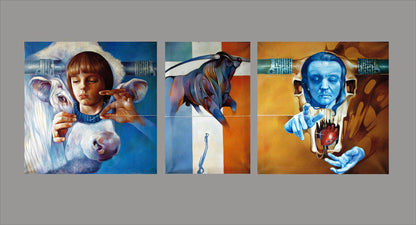 Surrealist triptych oil painting by Dharma Konsta G. Amelinn: child with sheep, bull, man holding heart