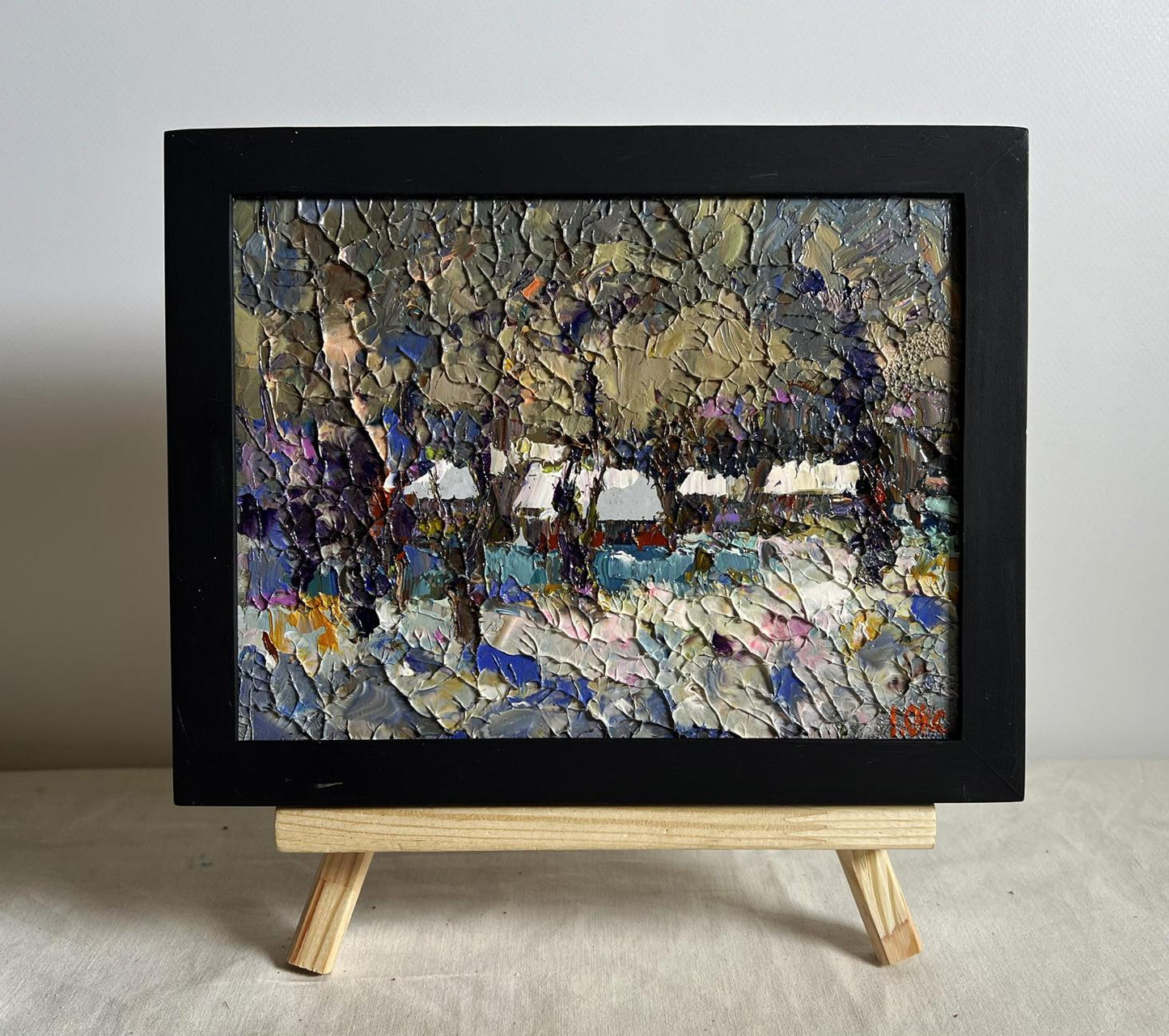 Oil painting Winter twilight Oksana Ivanyuk textured landscape in black frame