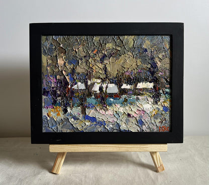 Oil painting Winter twilight Oksana Ivanyuk textured landscape in black frame