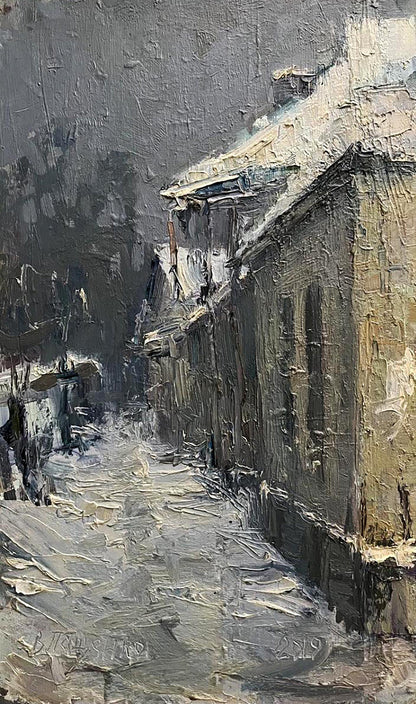 Oil painting Snowy street by Volodymyr Pashchenko, textured snowy alleyway