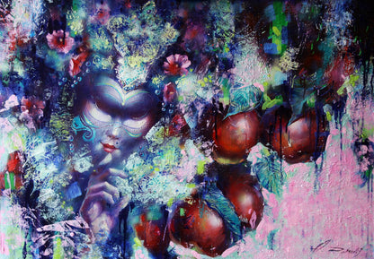 Surreal oil painting Summer Night by Alexander Dobrodiy with womans masked face
