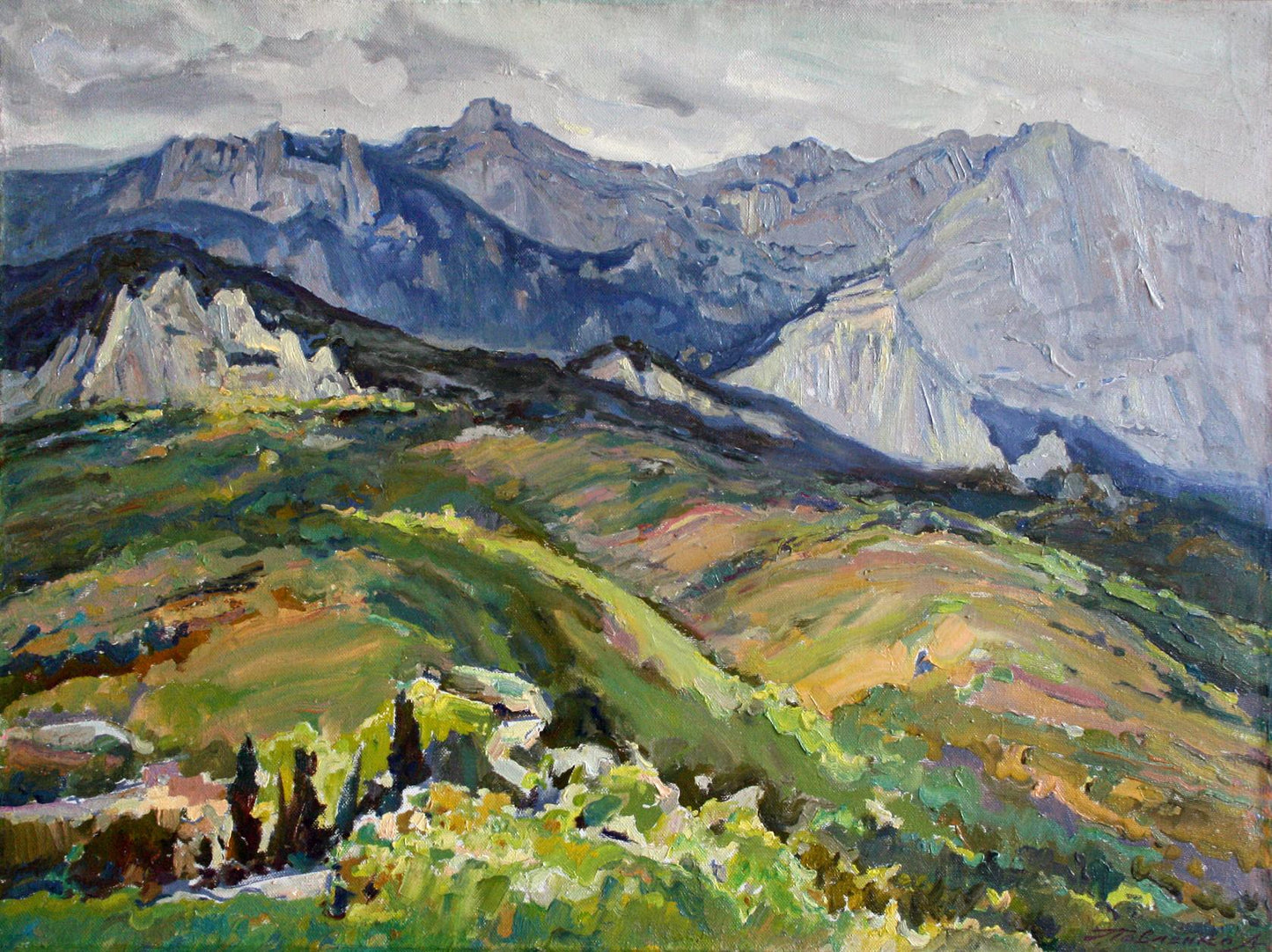 Vibrant impressionistic oil painting of mountains by Leonid Pavlenko