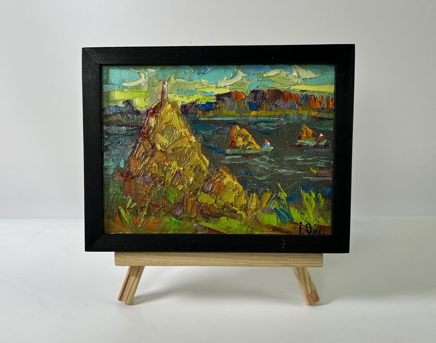 Vibrant impressionist oil painting by Oksana Ivanyuk of hay transport across river in black frame