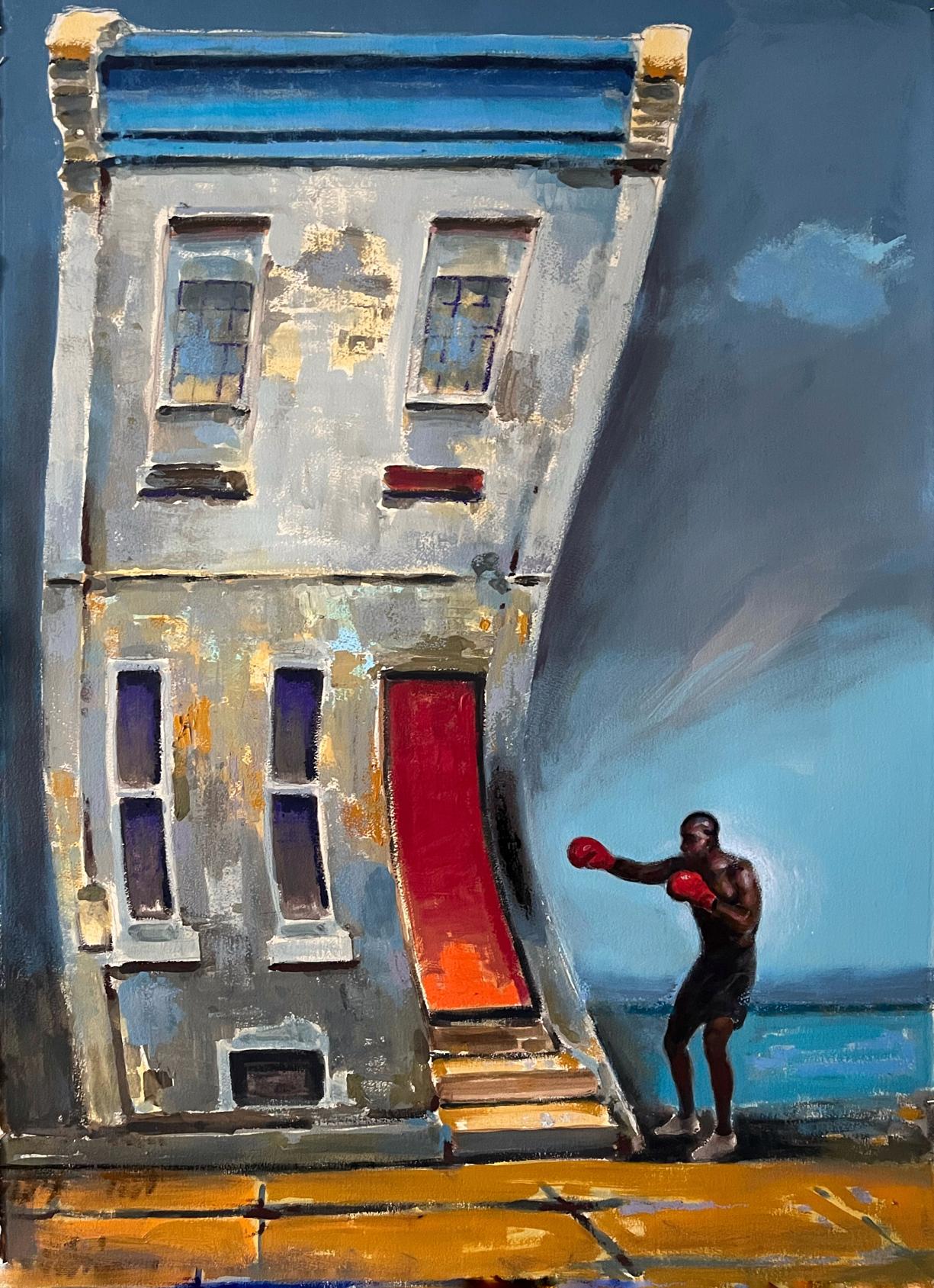 Acrylic painting Strike of Fate by Juan Angel Gonzalez de la Calle: boxer before weathered building