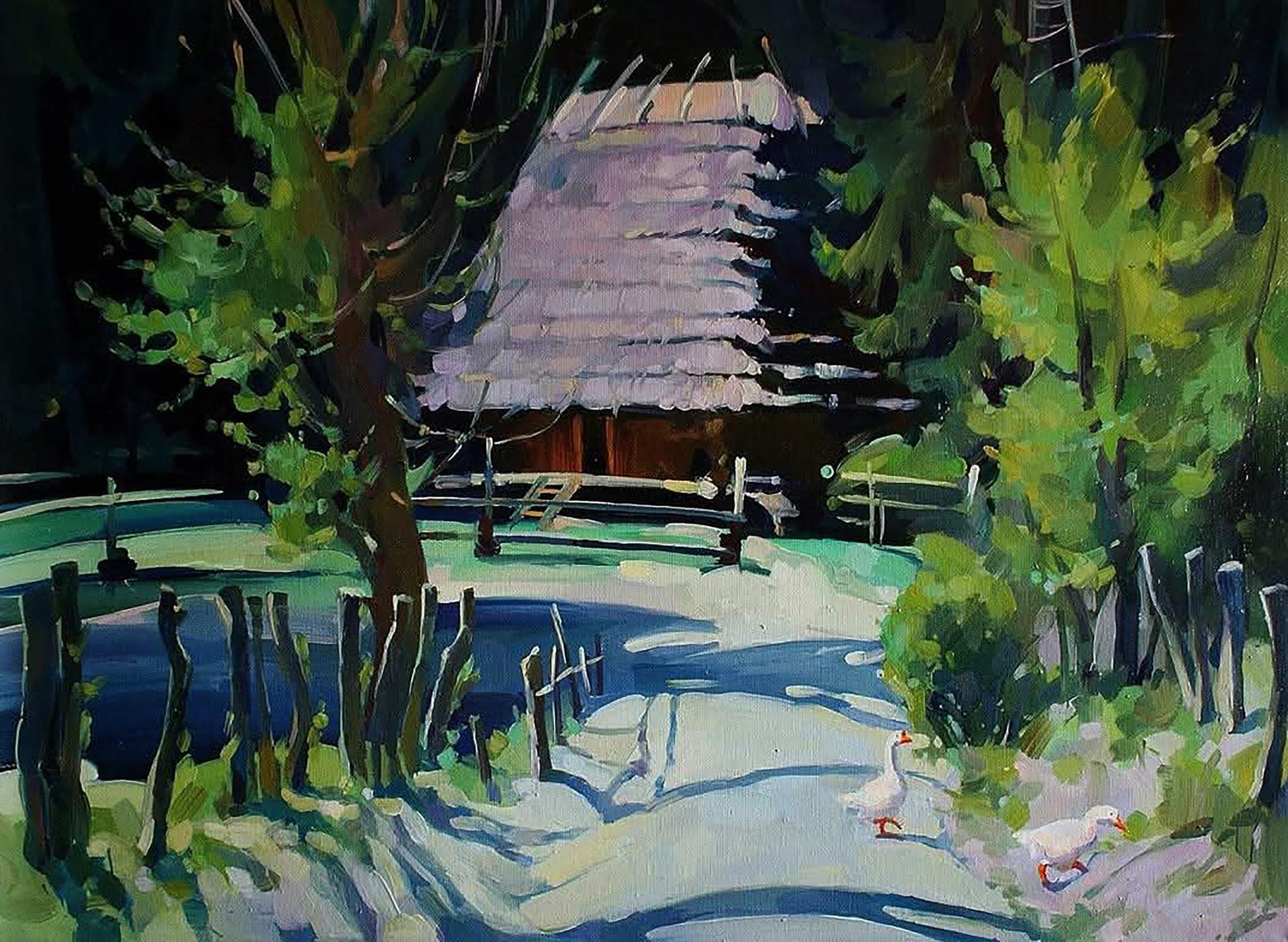 Oil painting of rustic thatched cottage in village by Anastasia Yaroshevich