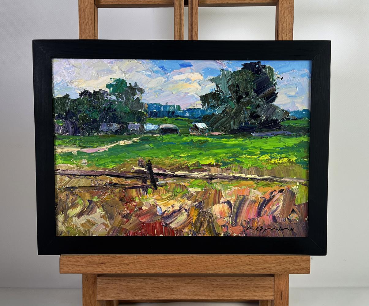 Oil painting The edge of the village by Boris Serdyuk in black frame