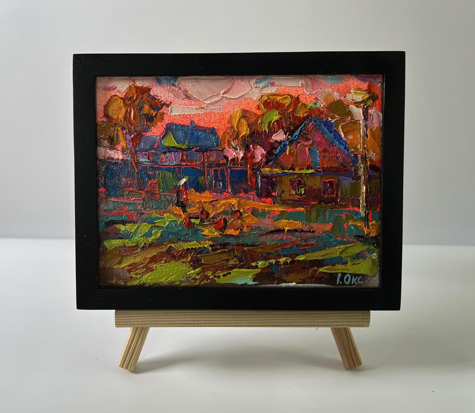 Oil painting Pink village evening by Oksana Ivanyuk in black frame