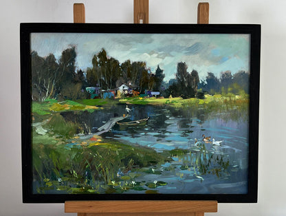 Oil painting Rural Grey River by Yuriy Suprunchuk serene lakeside scene