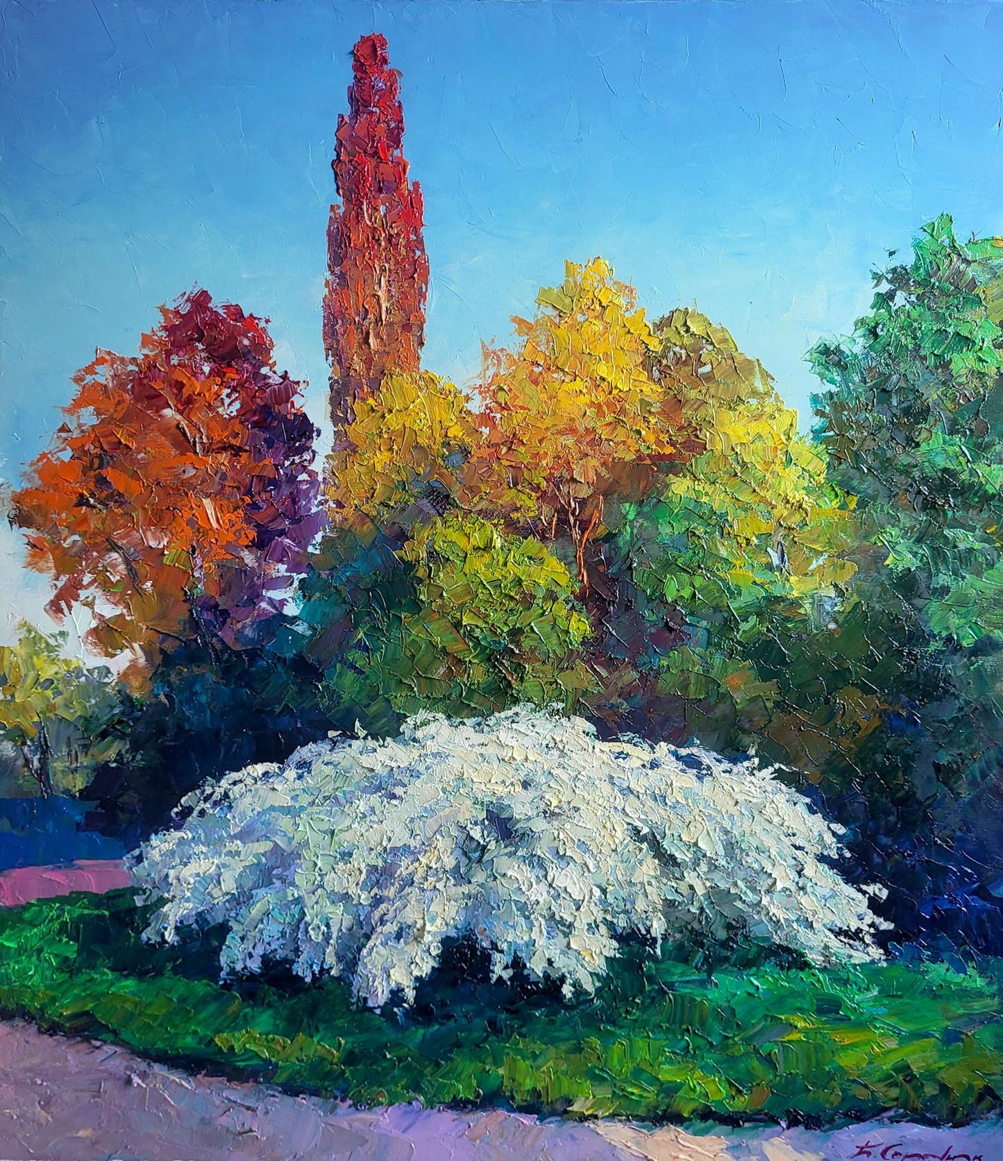 Vibrant impressionist oil painting of Spirea Wangutta Bride by Boris Serdyuk
