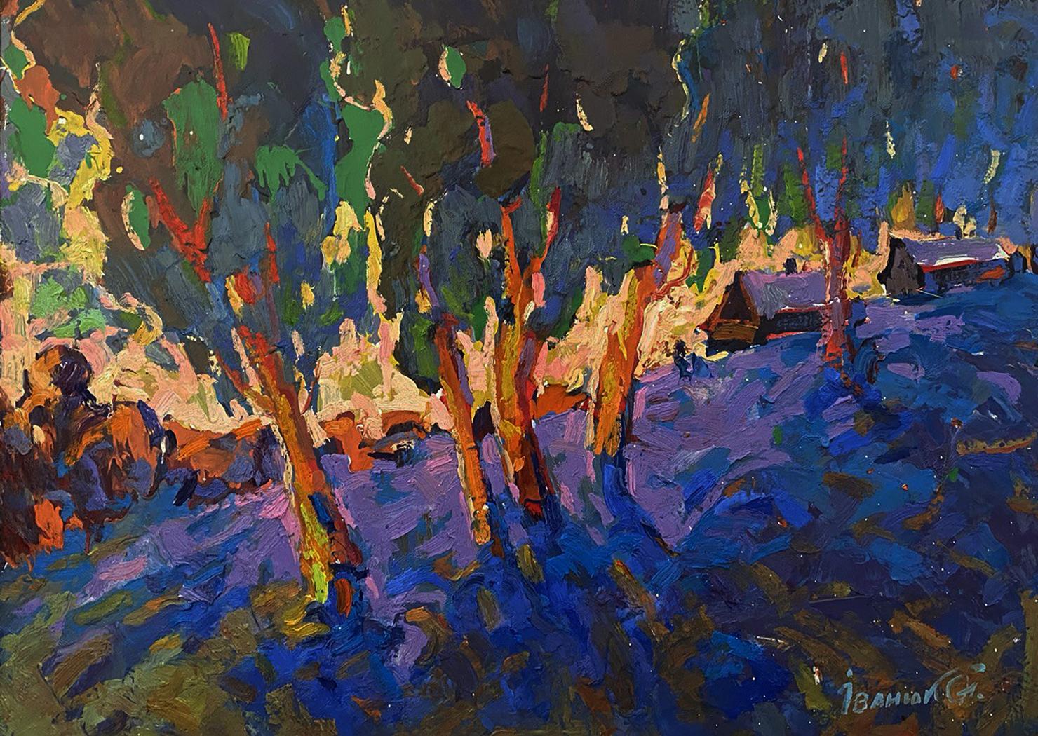 Vibrant impressionist oil painting Winter evening by Oleksiy Ivanyuk snowy forest