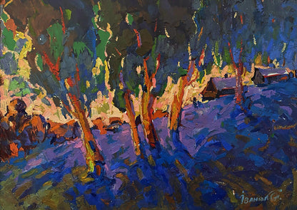 Vibrant impressionist oil painting Winter evening by Oleksiy Ivanyuk snowy forest
