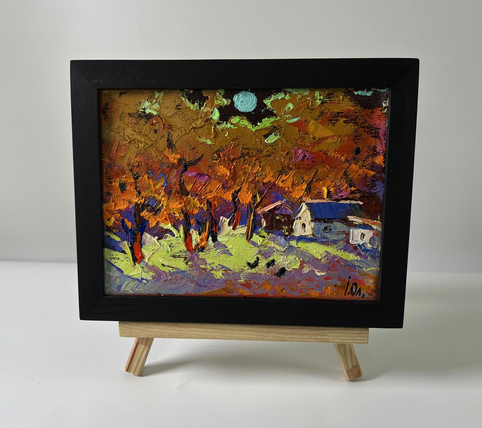 Oil painting Moonlight over the village by Oleksiy Ivanyuk in black frame
