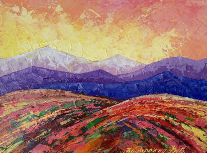 Vibrant Crimson sunset oil painting by V. Zadorozhnya with purple mountains