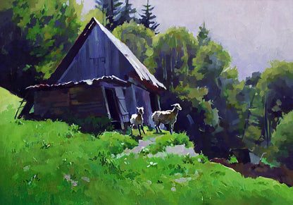 Oil painting of weathered wooden cabin in lush trees by Anastasia Yaroshevich