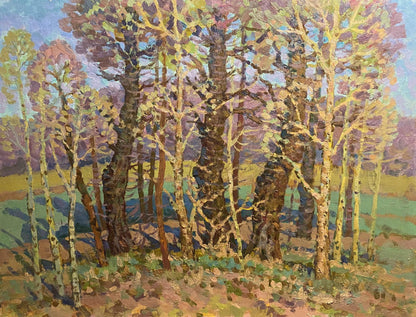 Vibrant impressionist oil painting Evening in the spring forest by Grigoriy Ruban