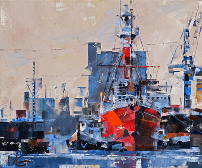 Bold red and blue impasto oil painting of lighthouse ship return by Volodymyr Gluhomanyuk