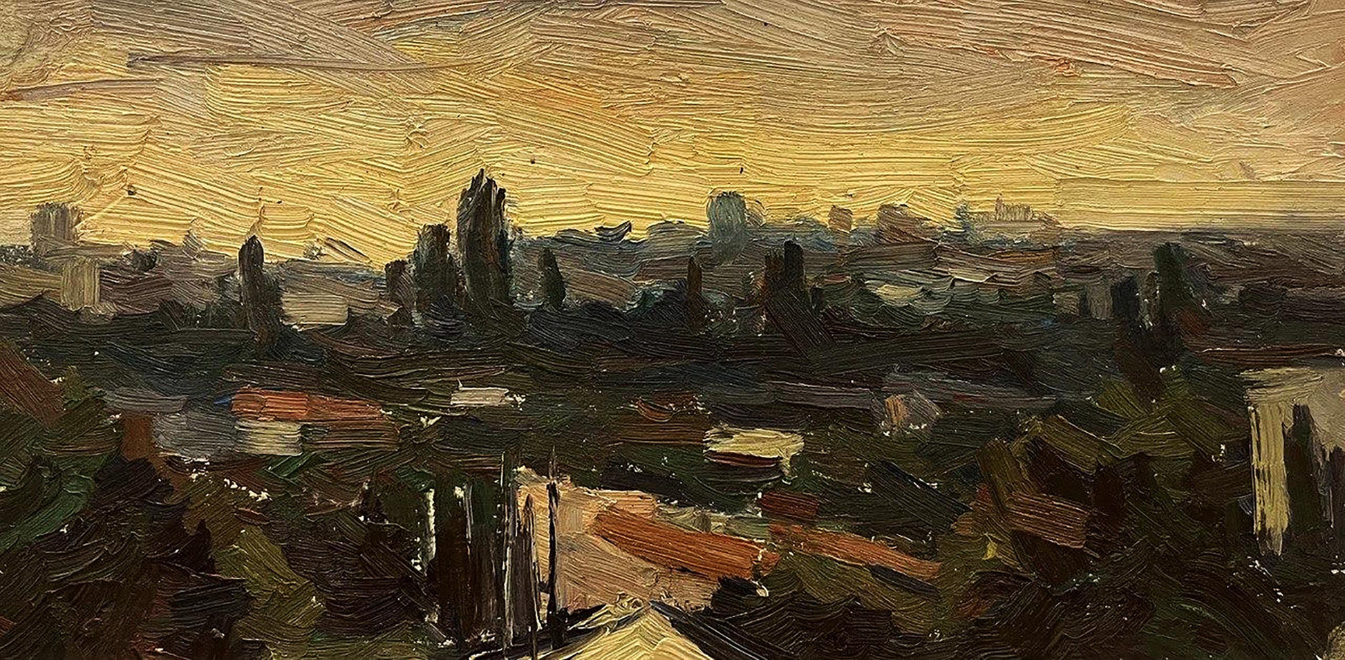 Impressionistic oil painting Evening Etude by Kravets Oleg, cityscape at dusk