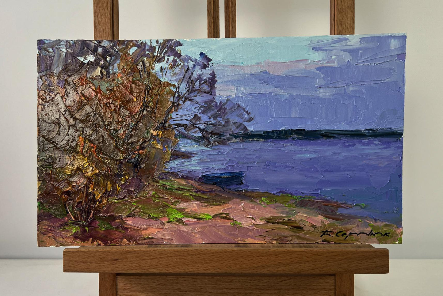 Oil painting Silent Drift by Boris Serdyuk: autumn tree and purple river waves