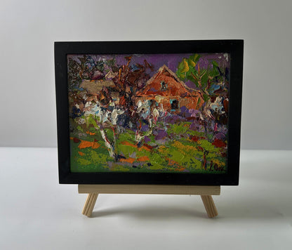Oil painting Spring in the village by Oksana Ivanyuk in black frame
