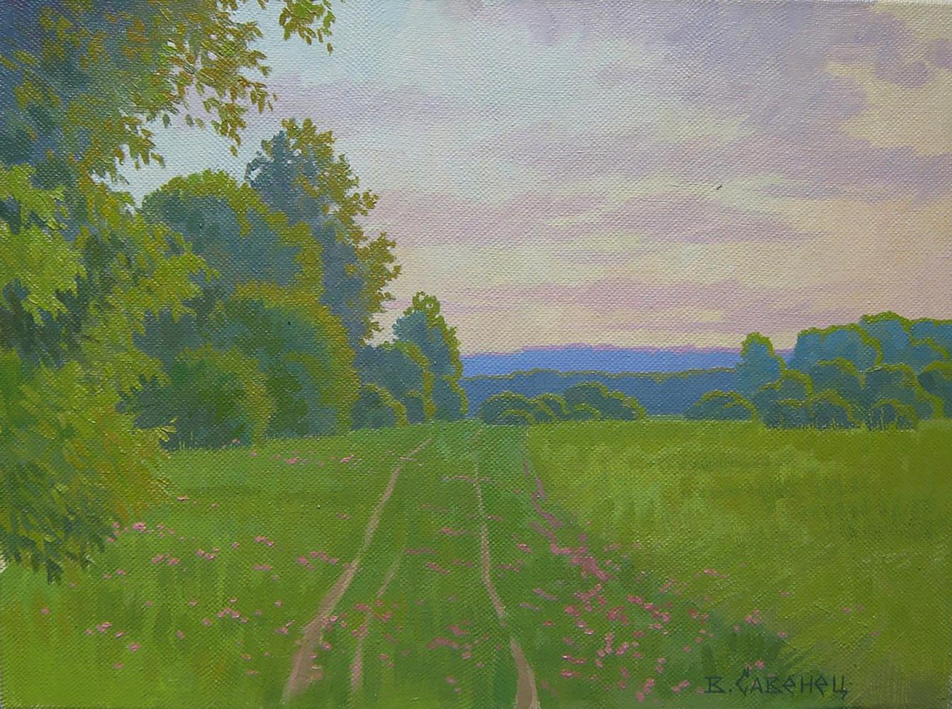 Oil painting Morning summer field by Valery Savenets serene path and wildflowers