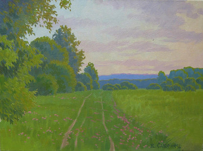 Oil painting Morning summer field by Valery Savenets serene path and wildflowers