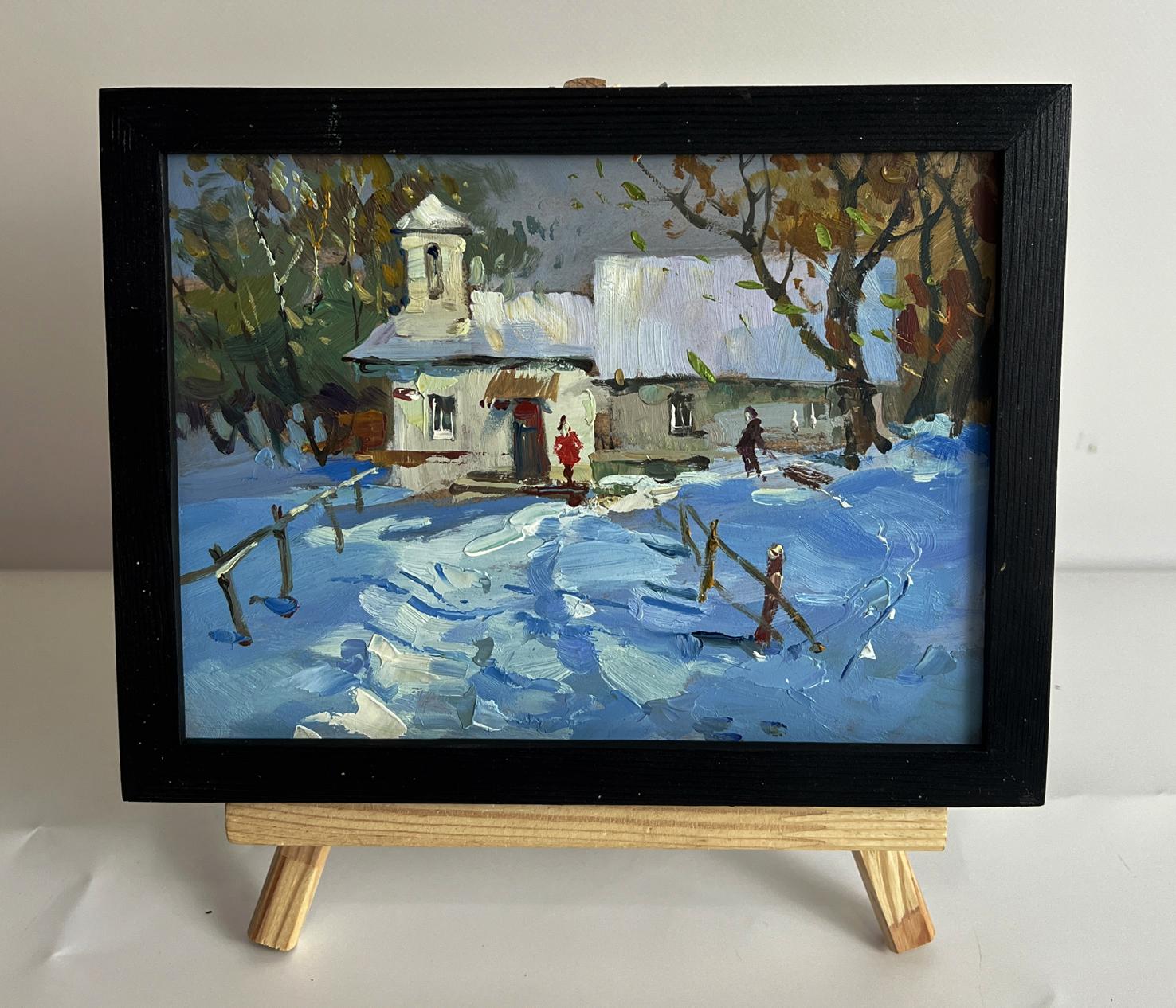 Oil painting by Yuriy Suprunchuk: snowy village after winter snowstorm