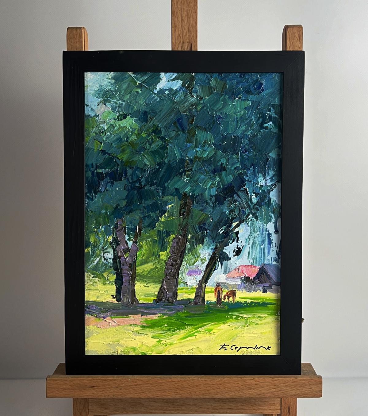 Framed oil painting by Boris Serdyuk: Trees near village, horses in yellow field