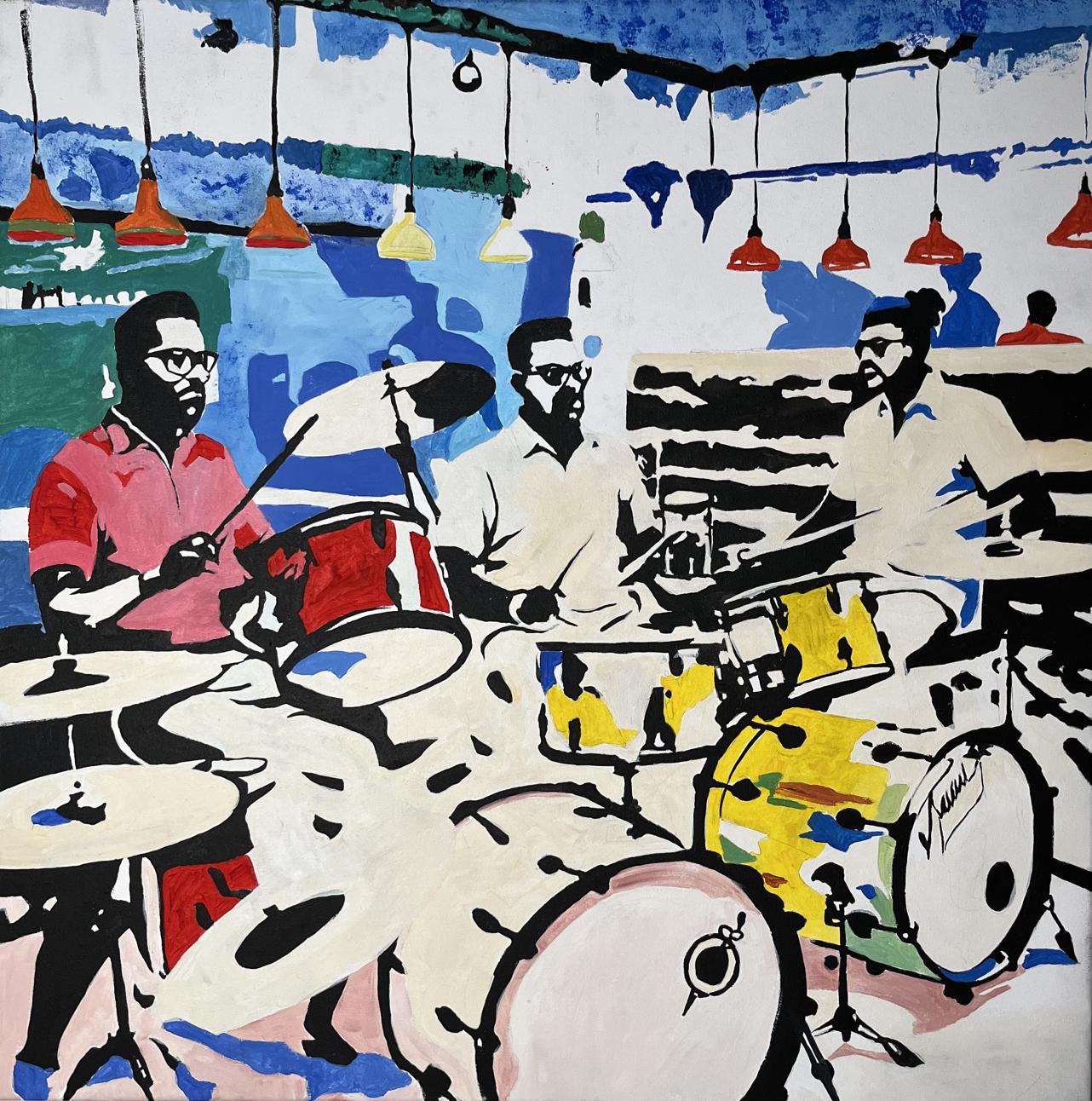 Vibrant acrylic painting of jazz band drumming in cafe by Arturo Banks