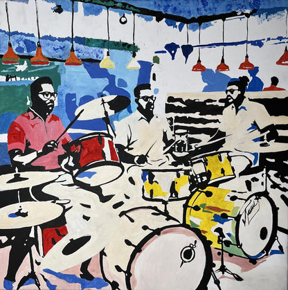 Vibrant acrylic painting of jazz band drumming in cafe by Arturo Banks