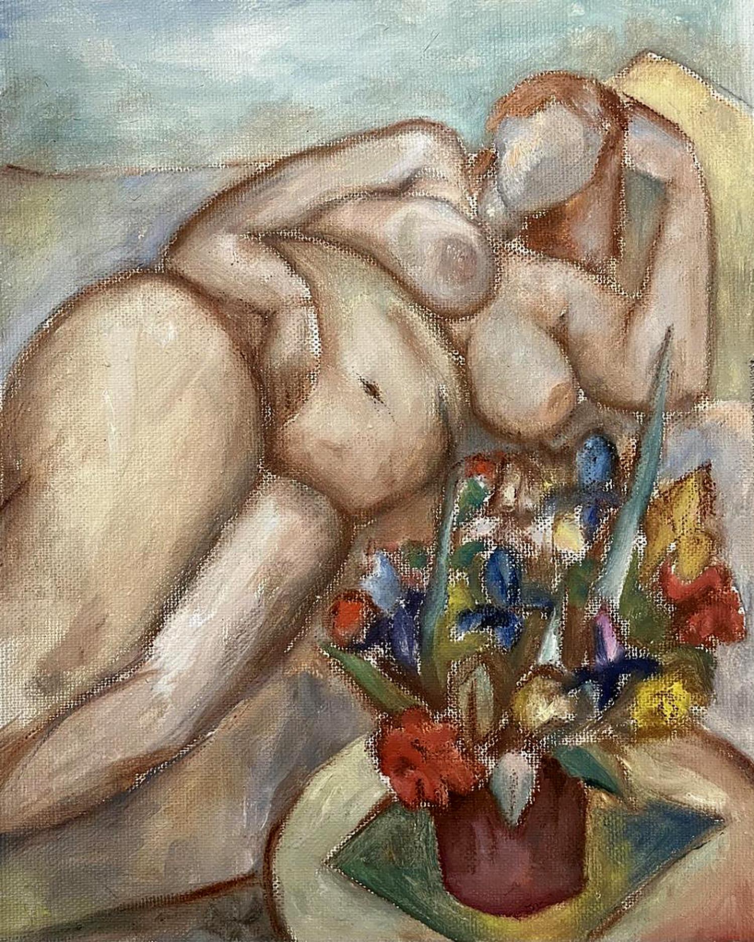 Oil painting Undraped with flowers by Tatyana Nikolsk: vibrant bouquet in reddish-brown vase