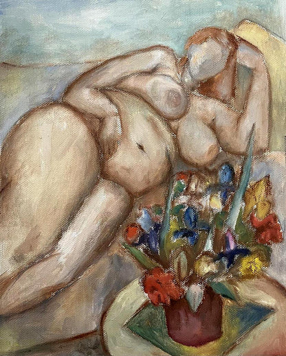 Oil painting Undraped with flowers by Tatyana Nikolsk: vibrant bouquet in reddish-brown vase