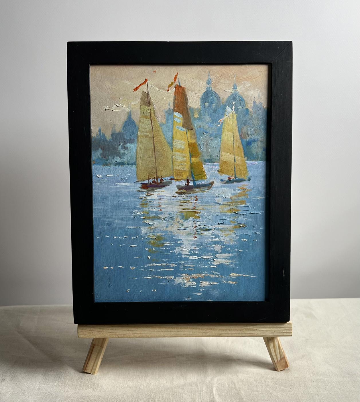 Framed oil painting of three sailboats in evening by Yuriy Suprunchuk