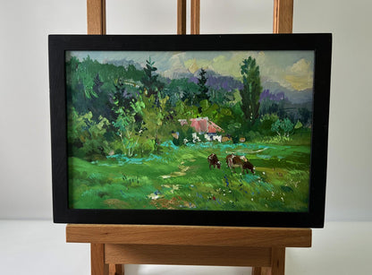 Framed oil painting by Yuriy Suprunchuk: pastoral forest house scene