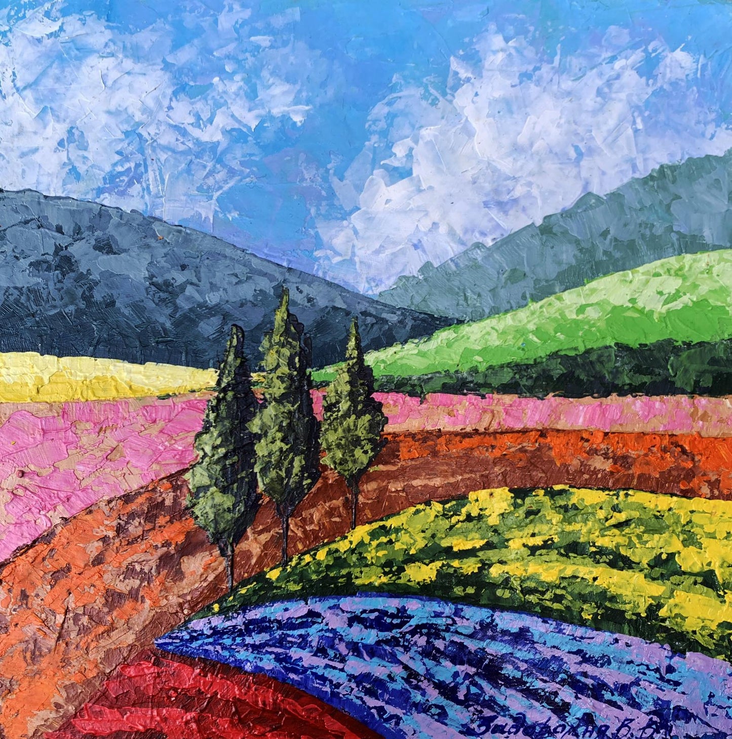 Vibrant impressionistic oil painting Mountain Glade by V. Zadorozhnya