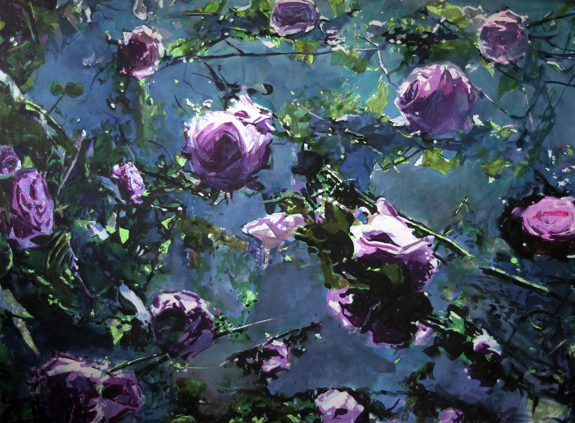 Vibrant oil painting of purple roses by Ed Potapenkov on blue background