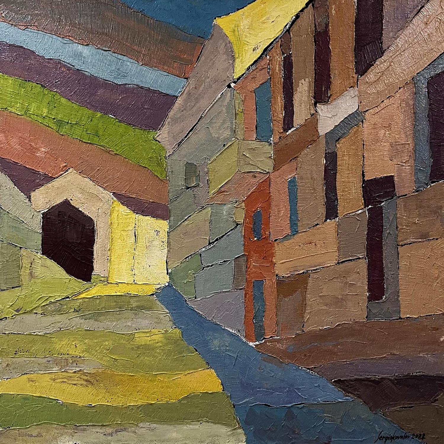 Oil painting Rising up by Serhiy Kovalev: colorful textured street scene
