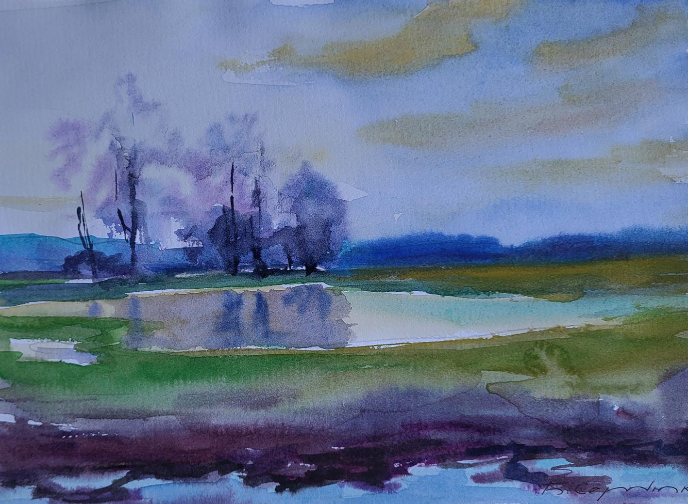 Watercolor painting Lake in the Woods by Boris Serdyuk, serene pond reflection