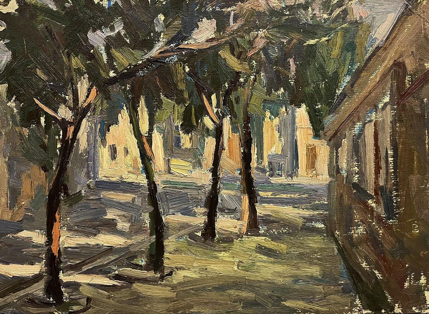 Impressionistic oil painting sketch of tree-lined city street by Oleg Kravets