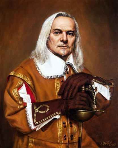 Oil painting portrait of man with long white hair and beard, ornate doublet, sword hilt, Many years later Valeriy Bulat