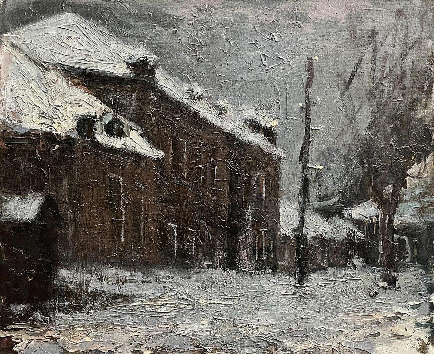 Oil painting Resurrection Ascension by Volodymyr Pashchenko, snowy brick building