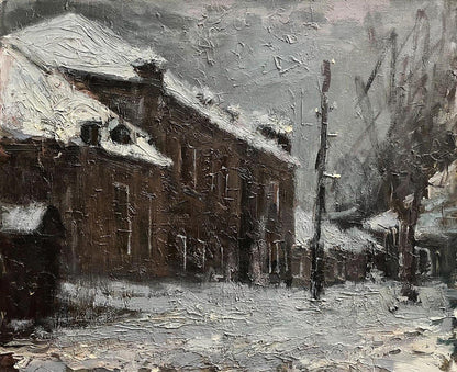 Oil painting Resurrection Ascension by Volodymyr Pashchenko, snowy brick building