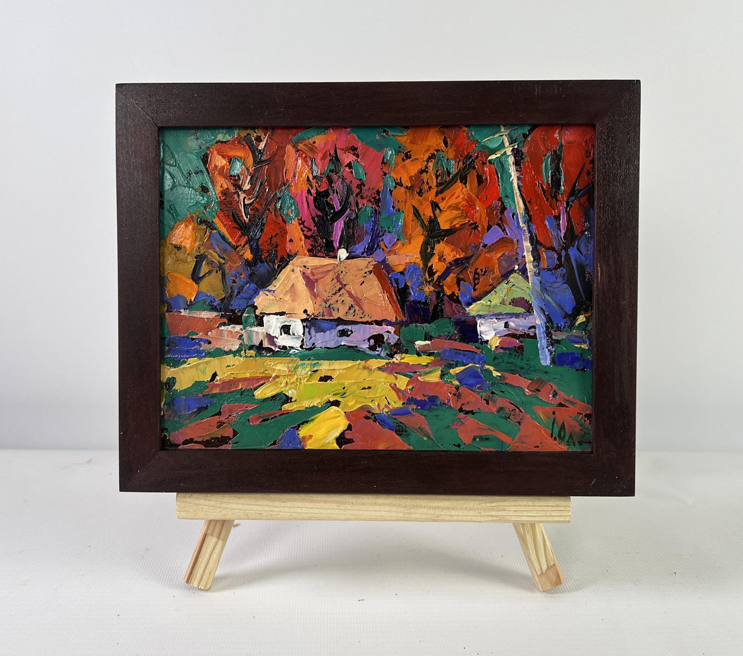 Oil painting Autumn is knocking on the windows by Oleksiy Ivanyuk in dark frame