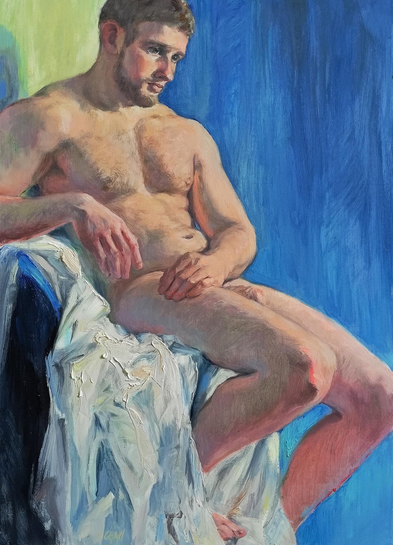Oil painting portrait of pensive muscular man by Oksana Osnach