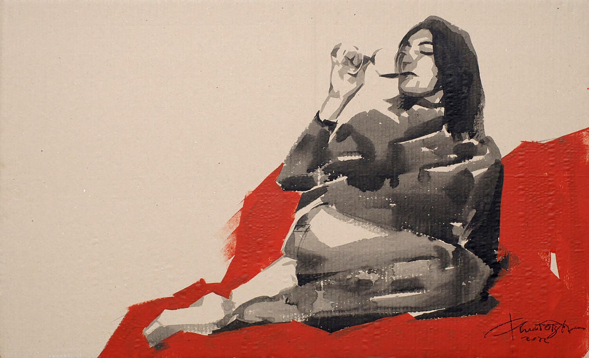Grayscale woman acrylic painting Red Wine by Dima Filatov with red brushstrokes