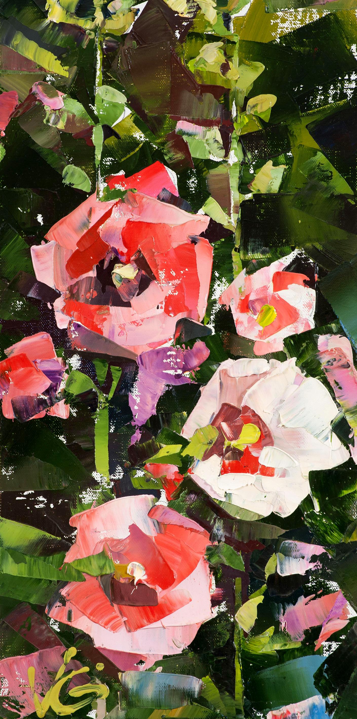 Oil painting Red flowers by Volodymyr Gluhomanyuk with roses and foliage