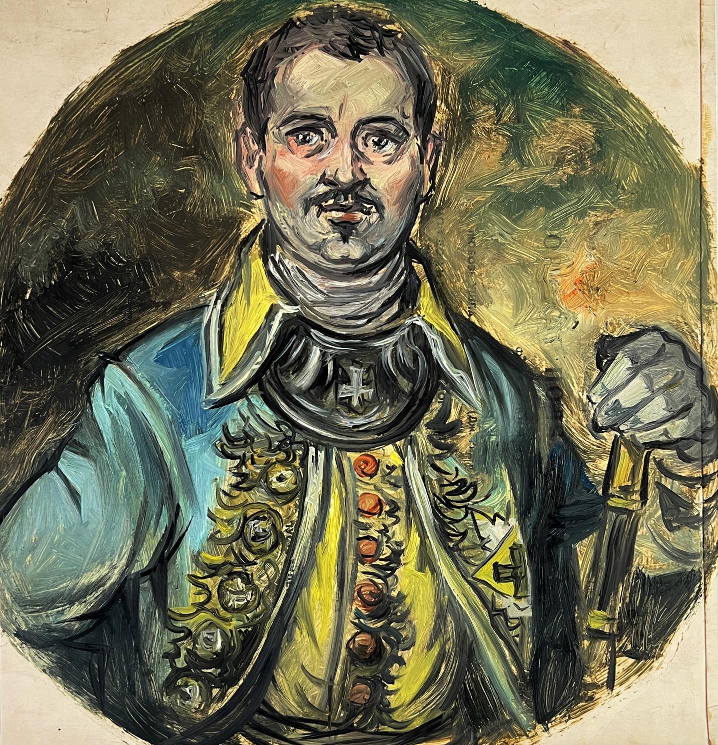 Vibrant oil painting of Alexander Litvinov in ornate blue-yellow military suit